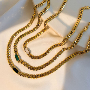 Stainless Steel Cuban Chain <b>Bracelet</b> And Necklace <b>Set</b> 18K Gold Plated 7Mm Inlaid Shell Fashion Jewelry For Women - Product Image 2
