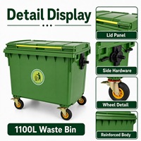 Conteneur à déchets en plastique industriel de 1100 L, robuste, 4 roues, poubelle à déchets de grande capacité, bac à ordures avec couvercles, respectueux de l'environnement
