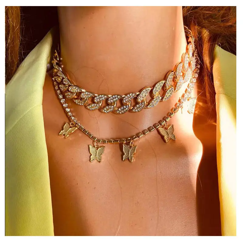 Luxury Shining Crystal Tennis Butterfly Choker Necklaces For Women Gold Silver Color Bling Rhinestone Chain Necklaces Jewelry