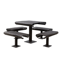 Table de pique-nique carrée en métal à lattes commerciale d'extérieur avec siège, ensemble de meubles de jardin, table et chaise de café en acier pour patio extérieur
