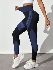 Pantalones de <span class=keywords><strong>Yoga</strong></span> de cintura alta <span class=keywords><strong>para</strong></span> <span class=keywords><strong>mujer</strong></span>, mallas deportivas transpirables sin costuras con bloques de colores, rayas negras largas ajustadas sólidas - Product Image 3