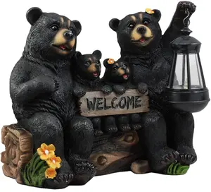 משואה של אושר כפרי שחור דוב משפחה סימן מבורך פסל עם שמש LED אור פנס