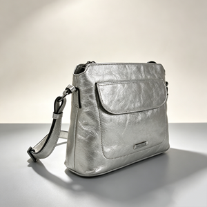 <b>Silver</b> Metallic Leather Crossbody <b>Bag</b> Adjustable Strap Front Pocket Casual Shoulder Purse - Product Image 3