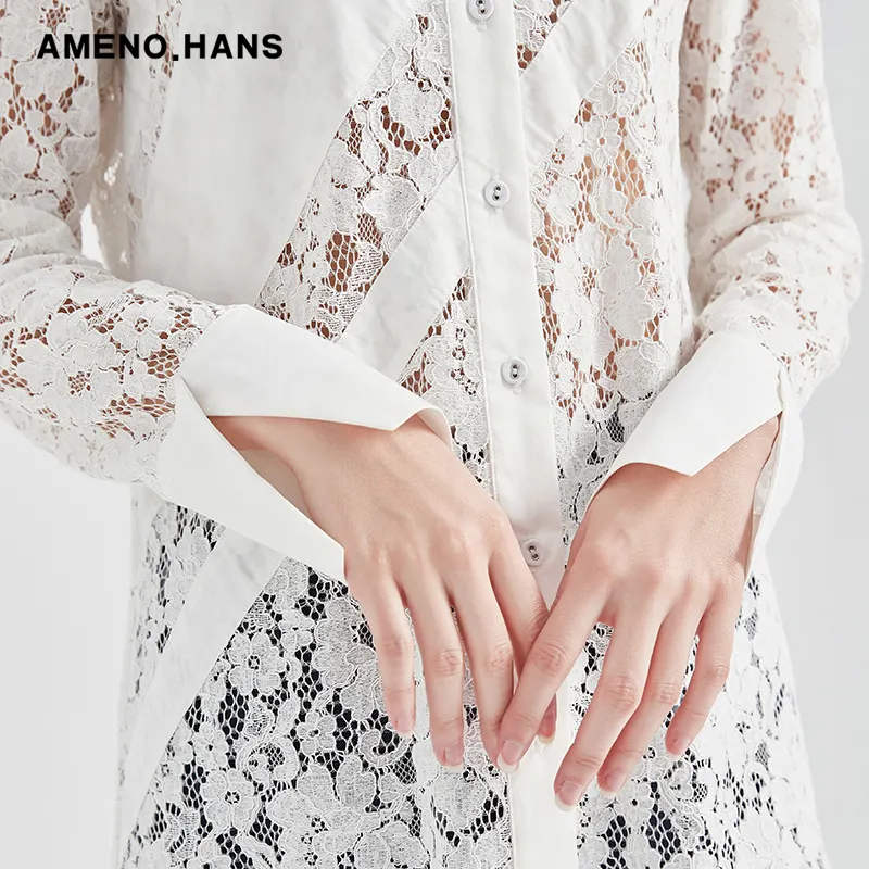 2022 Fashion Oem Custom White Lace Long Sleeve Sexy Luxury Shirts Women Lace Shirt