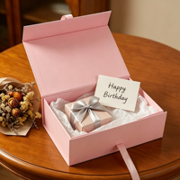 Boîte cadeau pliante élégante rose magnétique, boîte en papier rigide pliable avec logo personnalisé et nœud en ruban de satin pour emballage cadeau de luxe