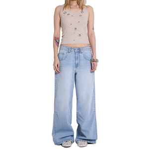 ジーンズカスタムメーカーデニムライトブルー色あせたウォッシュデニムカーゴ特大バギー高品質スタッズ付きジーンズ - Product Image 4