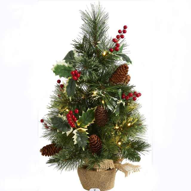 Wholesale Mixed Pine Artificial Mini Christmas Tree with Holly Berries, Pine Cones, Clear Led Lights and Burlap Base