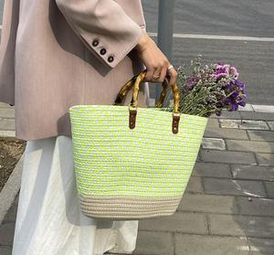 Bolso Tote de Paja Tejida Ecológico, Estilo Bohemio con Bordado, Cierre de Cremallera, Color Sólido, Uso Diario, Todas las Temporadas, Hecho a Mano para Mujer - Product Image 3