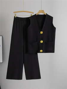 Conjunto de Dos Piezas de Punto Ligero <span class=keywords><strong>para</strong></span> <span class=keywords><strong>Mujer</strong></span>, Verano 2026, Chaleco sin Mangas con Cuello en V, Pantalones de Cintura Alta con Botones Decorativos, <span class=keywords><strong>para</strong></span> <span class=keywords><strong>Oficina</strong></span>, Venta al Por Mayor - Product Image 4