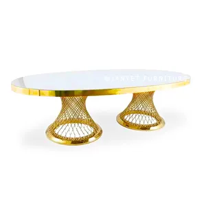 Banchetto di lusso all'ingrosso tavolo da matrimonio ovale in vetro dorato da 10 persone per pranzare
