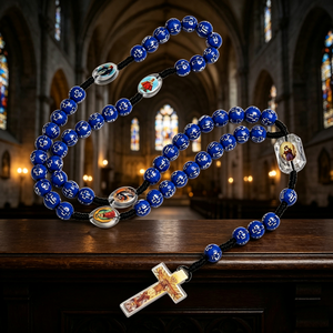 Elegante rosario católico de cuentas de acrílico de colores con San Benito, cruz de Santiago y corazón de Jesús. - Product Image 3