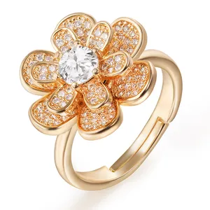 Haosen, joyería de moda, anillo de compromiso de boda romántico de latón con cuentas de cristal grabadas para mujeres, chapado en oro, tamaño personalizado