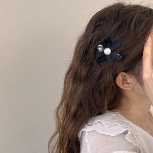 Korean style <b>bow</b> rhinestone hair <b>clip</b> for women, imitation pearl, fresh and cute, side bangs <b>clip</b>, duckbill <b>clip</b> hair accessory. - Product Image 4