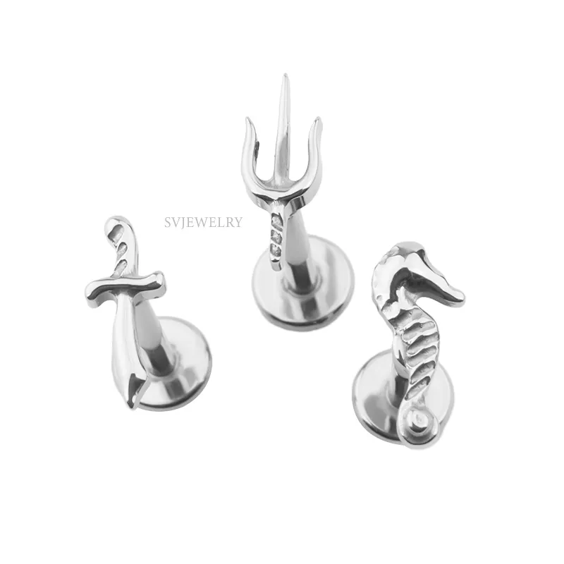 Driedelige Set Mini Messen Vorken Zeepaardjespatronen Intern Schroefdraad Titanium Piercing Sieraden Groothandel Lip Nagels