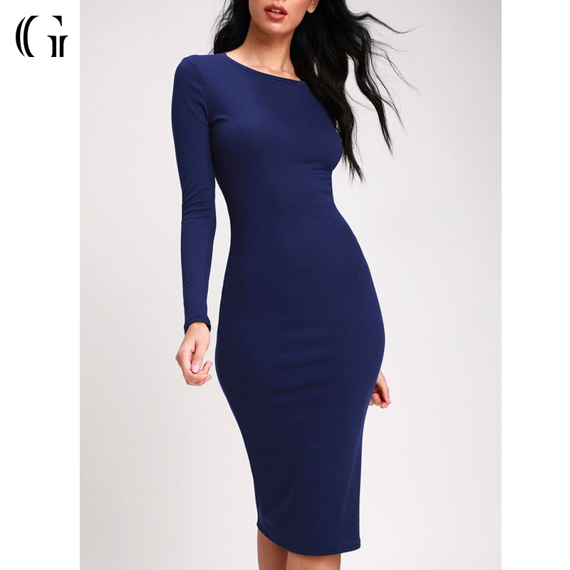 Оптовая продажа, темно-синее Ребристое облегающее офисное платье миди с длинным рукавом