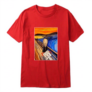 T-shirt rouge à manches courtes pour homme avec imprimé artistique, col rond décontracté, jersey en coton, coupe classique - Product Image 1