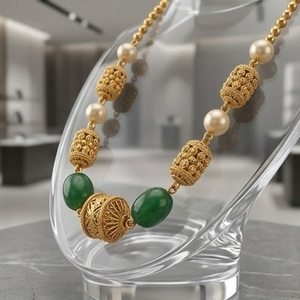925 Silver Antique Green Stone and Pearl Mala Necklace Traditional Ethnic Long <b>Chain</b> Jewelry for Women Wear - Product Image 6