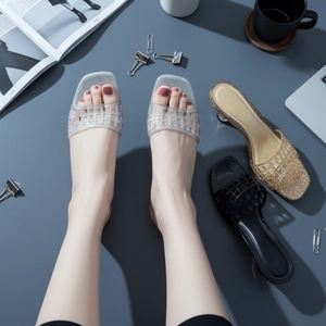 Sandalias de PVC Brillante con Tira y Tacón Bajo, Punta Abierta, Suela de Goma, Estilo Casual para Mujer - Product Image 3