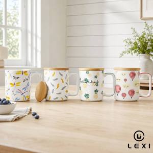 Set di Tazze <span class=keywords><strong>in</strong></span> <span class=keywords><strong>Ceramica</strong></span> con Coperchio <span class=keywords><strong>in</strong></span> Bambù, Quattro Motivi Dipinti a Mano: Libellula, Mongolfiera, Piuma, Ananas con Manico a Righe, Regalo - Product Image 3