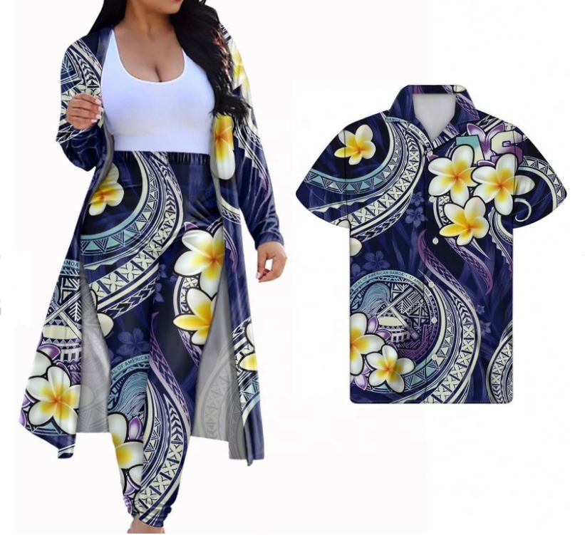 Hawaiian Print Couples Clothing Dress And Shirts 2 Piece Pants Set Women Samoa Polynesian Tribal Design Couple Matching Clothing