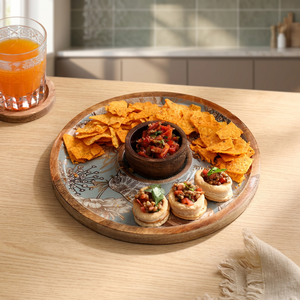 Plato Redondo de Madera para Servir con Diseño Floral Pintado a Mano Estilo Bohemio para Fiestas, Platos de Estilo Único, Último Diseño, Ramadán - Product Image 1