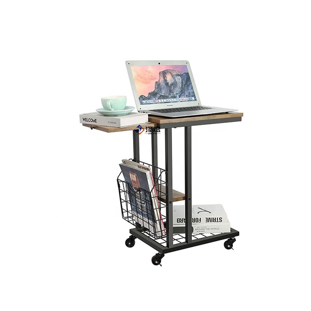 C End Table with Wheels C Shaped Table with Side Pocket Industrial Wood End Tables Rolling Casters for Coffee Laptop Snack Sofa