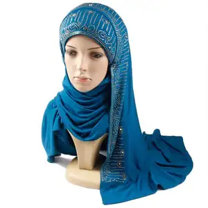 Оптовая продажа, Дубай, мусульманский шарф, Женский хиджаб с камнем, жемчужинами, хлопок, Джерси, хиджаб, палантины, шаль, Пашмина