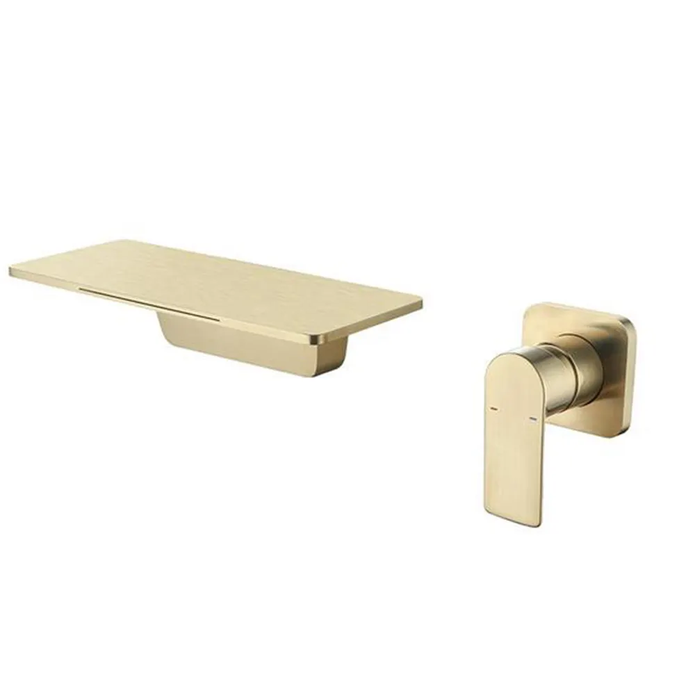 Vendita calda Spazzolato oro Bagno installazione a parete in ottone nero cascata di acqua di rubinetto Singola Maniglia del rubinetto diffuso rubinetto del bacino