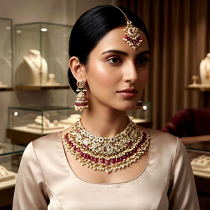 Collar de Novia de Lujo con Cuentas de Perlas y Rubíes Kundan, Conjunto de Joyería Tradicional India para Mujer - Product Image 1