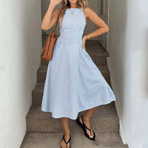Abito Midi da Donna a Righe Senza Maniche in <span class=keywords><strong>Misto</strong></span> <span class=keywords><strong>Lino</strong></span> Stile Cottage Core, Elegante e Versatile per Ogni Occasione, Spedizione Veloce, MOQ 1 - Product Image 3
