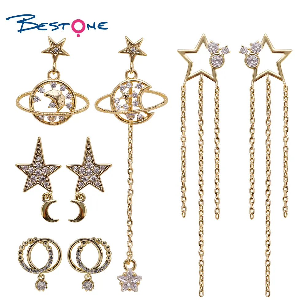 Bestone 2022 Fashion Zircon Earring Set 2022 Newest Design Gold Plated Zircon Star Moon Earring Set