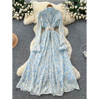 Robe décontractée élégante pour femme WIWT, coupe trapèze, broderie en dentelle, manches longues, col montant, avec ceinture, pour le quotidien et les vacances