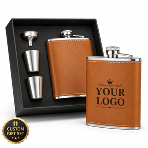Gourde personnalisée gravée de 8 oz pour homme, ensemble gourde à vin en acier inoxydable et cuir, cadeau fête des pères pour papa, cadeau d'anniversaire pour mari - Product Image 1