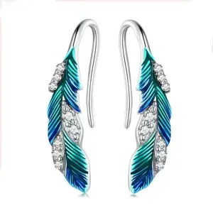 925 Sterling Silver Bohemian Blue Feathers Earrings Pave Setting CZ for Women Birthday Gift Chic Dazzling Fine Jewelry BSE707