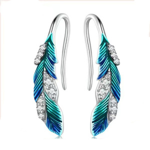 Boucles <span class=keywords><strong>d</strong></span>'oreilles bohémiennes en <span class=keywords><strong>argent</strong></span> Sterling 925, plumes bleues, serti de pavé CZ pour femmes, cadeau <span class=keywords><strong>d</strong></span>'anniversaire, bijoux fins chics et éblouissants BSE707 - Product Image 1