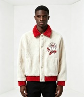 Blouson Bomber Sherpa Homme avec Broderie Rose, Col Rouge Contrastant, Boutons Pression, Chaud et Doux, Veste d'Hiver Style Universitaire