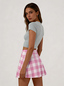 Falda de Tenis Ligera, Suave y Elástica, de Punto, con Estampado de Cuadros Rosa, Hasta la Rodilla, para Golf y Uso Diario - Product Image 2