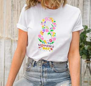 Camiseta con Estampado Floral para el Día de la Mujer, 100% Algodón, Cuello Redondo, Casual, Primavera Verano, Corte Regular, Manga Corta - Product Image 3