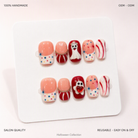 ODM OEM Faux Ongles Courts Carrés à Presser, Motif Fantôme 3D Mignon Halloween, Peints à la Main avec Strass, Faits Main Personnalisés, Vente en Gros