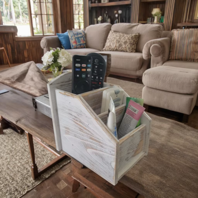 Farmhouse Wood Desktop Organizer TV Remote Control Storage Caddy Remote Control Holder with 3 Slots Compartments