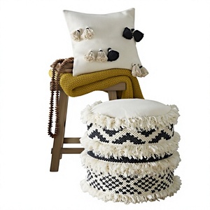 Bohemian Round Pouf Ottoman With Tassels And Geometric Pattern Handcrafted Fabric <b>Footstool</b> For Living Room - Product Image 1
