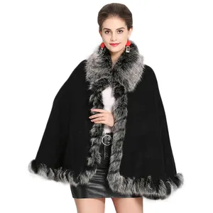 Plus Size Winterkleid ung Kunst pelz getrimmt gestrickt Damen Poncho Pullover Poncho Pullover für Frauen Winter Ponchos und Umhänge