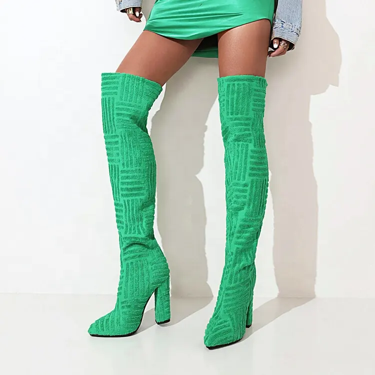 Roman Towelling Pointed Toe Chunky Women's Knee High Boots Green Orange Stretch Slip-on High Heels Shoes Long Boots for Women