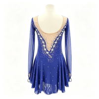 Robe de patinage et de danse bleu roi, col en V, manches longues en maille nude, dos profond en V orné de strass, pour enfants et adultes, compétition et performance