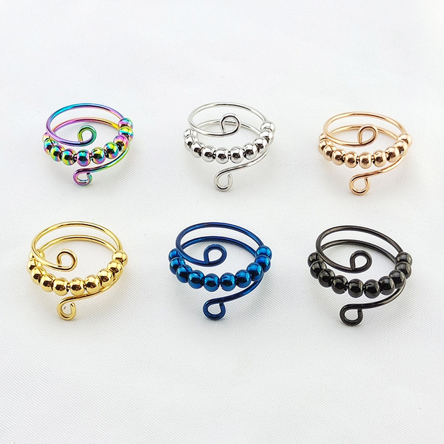 Anxiety Ring for Women Fidget Stainless Steel Ring With Beads Rotating Beads Trendy Anti-Stress Fidget Rings