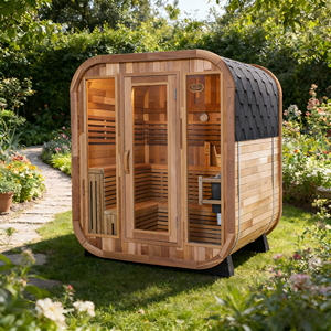 Sauna carré extérieur pour 4 à 6 personnes avec véranda, sauna à vapeur en cèdre rouge avec chauffage de 9 kW, toit en asphalte noir, porte en verre trempé - Product Image 5