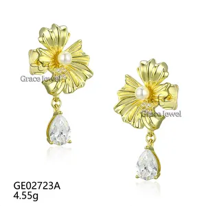 Grace Jewelry Pearl Zircon 18K Gold Plated Sterling Silver Flower Luxury Zircon Pearl Earrings For Women