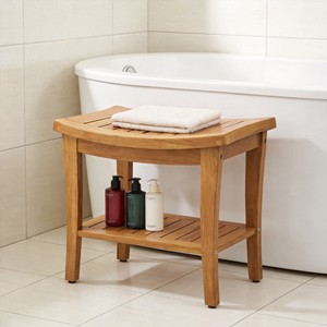 Tabouret de douche en teck, bois massif avec étagère de rangement, imperméable, antidérapant, utilisation intérieure et extérieure - Product Image 1