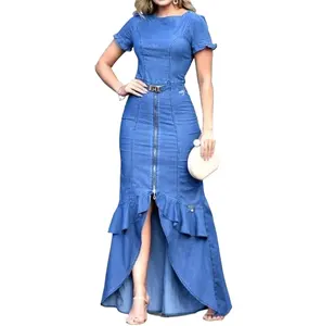 2024 Frühling sexy Fischenschwanz schlicht gefärbt Freizeitkleider Femme Mujer Mädchen Lady sexy individuelle Maxi Damenkleider Denim Jeans für Damen