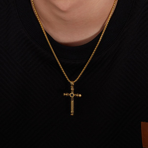 Collana da <span class=keywords><strong>Uomo</strong></span> con Ciondolo a Croce Retrò in Acciaio Inossidabile, Placcata Oro Personalizzata, Stile Hip-hop con Catena di Perle - Product Image 1